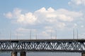 A two-story bridge over the Dnieper river, railway and automobile in Ukraine to the cities of the Dnieper on the background of the Royalty Free Stock Photo