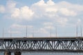 A two-story bridge over the Dnieper river, railway and automobile in Ukraine to the cities of the Dnieper on the background of the Royalty Free Stock Photo