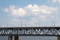 A two-story bridge over the Dnieper river, railway and automobile in Ukraine to the cities of the Dnieper on the background of the Royalty Free Stock Photo