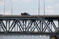 A two-story bridge over the Dnieper river, railway and automobile in Ukraine to the cities of the Dnieper on the background of the Royalty Free Stock Photo