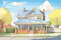 a two-story colonial revival home with a gambrel roof captured from the sidewalk, magazine style illustration Royalty Free Stock Photo