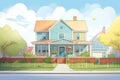 a two-story colonial revival home with a gambrel roof captured from the sidewalk, magazine style illustration Royalty Free Stock Photo