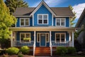 a two-story dutch colonial house, blue flared eave standing distinct