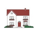 Two-story house with bushes. Vector illustration of flat line art Royalty Free Stock Photo