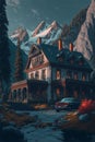 Mountain Home with a Car in front. AI Generated