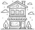 Two-Story Shop with Awning, Clock, Trees, and Clouds - Black and White Outline Royalty Free Stock Photo