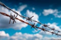 Two strands of barbed wire, one rusty and one silver, stretched diagonally against a vibrant blue sky with scattered white clouds Royalty Free Stock Photo