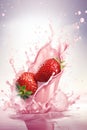 Two strawberries falling into a pink milk splash. AI generative image.