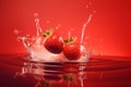 two strawberries on red background splashing in water generative AI Royalty Free Stock Photo