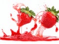 Strawberries splashing in a strawberry juice on a white background Royalty Free Stock Photo