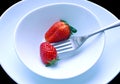 Two strawberries on the white plates,black background Royalty Free Stock Photo