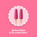 Two strawberry ice creams. Frozen juice on a yellow background