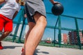 Two street basketball players playing one on one lot of close up action and guarding the ball Royalty Free Stock Photo