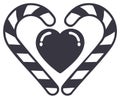 Two striped candy canes forming a sweet heart shape with a glossy solid heart illustration Royalty Free Stock Photo