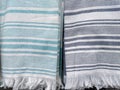 Two Fringed Dish Towels Hanging In Teal Blue and Black