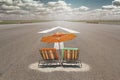 Sunbeds with parasol standing on airport runway