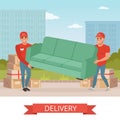 Strong guys carrying sofa. Cartoon couriers characters. Express delivery. Relocation and moving service. Transportation