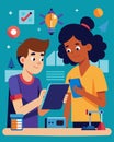 Two students collaborating on a STEM project using tablets and design software in the technology lab.. Vector Royalty Free Stock Photo