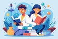 Two students explore scientific concepts through reading books in a colorful lab environment Two people studying science by Royalty Free Stock Photo