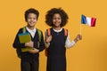 Two Students Holding Books and French Flag Against Yellow Background Royalty Free Stock Photo