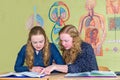 Two students learning with books in biology lesson