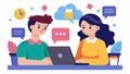 Two students sit next to each other diligently discussing their collaborative project with their parents in a studentled