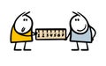 Two students stickmen measure the length in a geometry or math lesson. Vector illustration of a group of people at work.