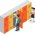 Two students are using school lockers, one is putting books inside while another is holding books in her hands, both wearing Royalty Free Stock Photo