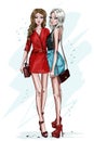 Two stylish beautiful girl with accessories. Hand drawn fashion women. Women in summer clothes. Sketch.