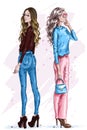 Two stylish beautiful women. Fashion girls with accessories. Hand drawn girls in fashion clothes. Fashion look. Sketch.