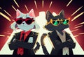 Two stylish cartoon cats in sunglasses posing in the studio. AI Generated