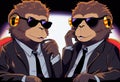 Two stylish cartoon monkey in sunglasses posing in the studio. AI Generated