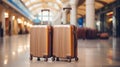 Two stylish golden brown suitcases standing in an empty airport hall Royalty Free Stock Photo