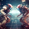 Two stylish handsome cyborgs, futuristic characters in a male body fighting each other, dark background, generative AI