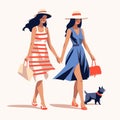 Two stylish women in summer dresses and hats walking with a small dog. Friends enjoy a leisurely stroll with a pet