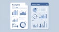 Two stylized analytical reports, featuring bar graphs, line charts, and pie charts in Royalty Free Stock Photo