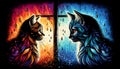 Two stylized cats are depicted facing each other through a win Royalty Free Stock Photo