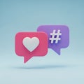 Social Media Like and Hashtag Icons in Speech Bubbles on Light Blue Background heart Royalty Free Stock Photo