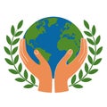 Two stylized hands cradle a globe, representing Earth with blue oceans and green continents. Royalty Free Stock Photo