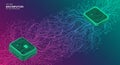 Two stylized microchips connected by an intricate network of digital lines, resembling Royalty Free Stock Photo