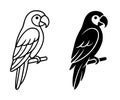 Parrot illustration, black and white, outline and silhouette versions Royalty Free Stock Photo