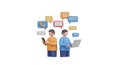 Two stylized people using devices with message bubbles floating around them on a white background Royalty Free Stock Photo