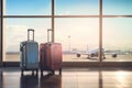 Two suitcases in empty airport hall, traveller cases in departure airport terminal waiting area, vacation concept