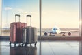 Two suitcases in empty airport hall, traveller cases in departure airport terminal waiting area, vacation concept