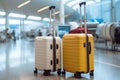 Two suitcases in empty airport hall, Vacation concept, Advertisement banner for air travels and flight bookings