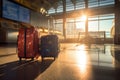 Two suitcases standing in empty airport hall. Traveller\'s luggage waiting in terminal Royalty Free Stock Photo