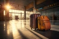 Two suitcases standing in empty airport hall. Traveller\'s luggage waiting in terminal Royalty Free Stock Photo