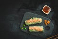 Two summer rolls with salad and salmon on black background, japanese, asian food Royalty Free Stock Photo