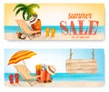 Two Summer Sale Banners With Beach Chair And Ocean.