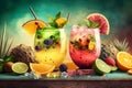 Two summer tropical cocktails on wooden surface relaxation and vacation in a tropical paradise concept. Royalty Free Stock Photo